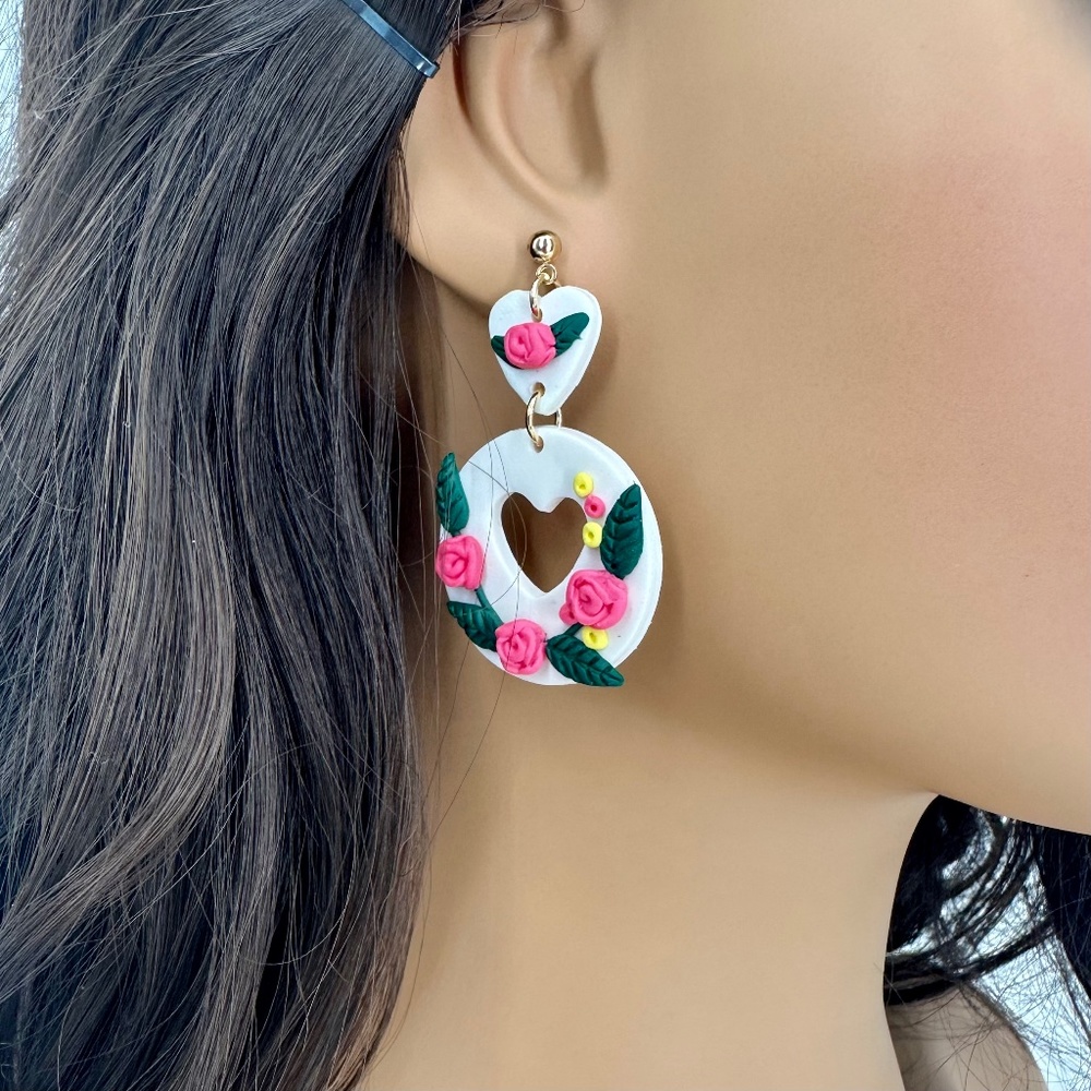 3D Pink Rose w/ Heart Drop Earrings